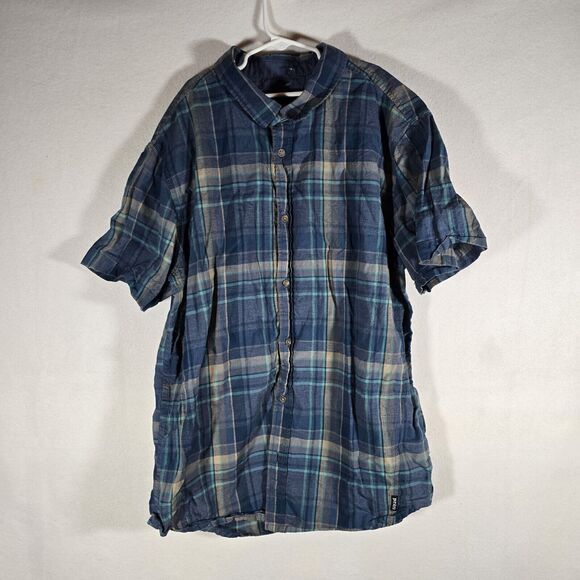 Prana Shirt Mens Size Large All Over Navy Blue Short Sleeve Button Down Outdoor - Picture 1 of 12